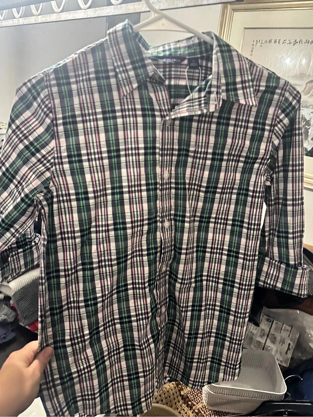 Janie and Jack Plaid Button Down Shirt Green & Pink Size 1225
